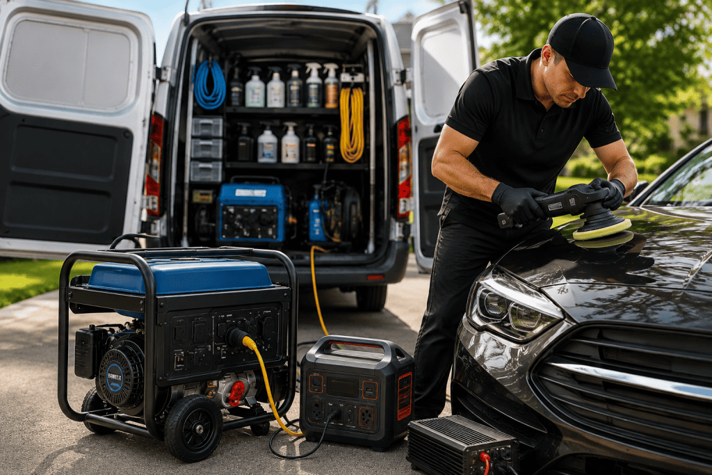 Mobile car detailing equipment setup with power generator in Cleveland, Ohio.