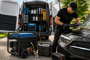 Mobile car detailing equipment setup with power generator in Cleveland, Ohio.