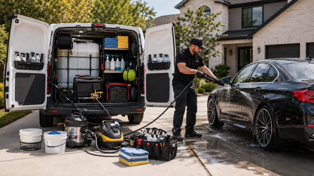 Mobile car detailing technician washing a black sedan in Cleveland, Ohio.