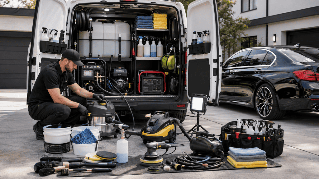 Mobile car detailing equipment setup in Cleveland, Ohio for auto detailing services.