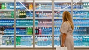 Bottled water and beverages in supermarket fridge for food safety and hygiene.