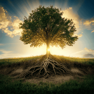 A tree with exposed roots illuminated by sunlight, symbolising Neuro’s scientific foundations that anchor and sustain its frameworks for growth.