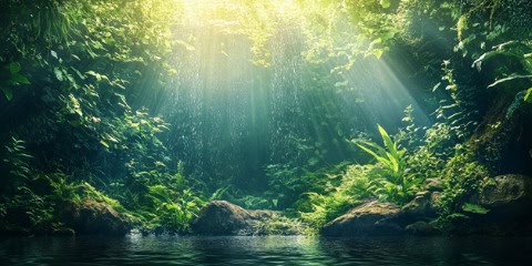 A serene forest scene with rays of sunlight filtering through dense green foliage, creating a tranquil and vibrant atmosphere.
