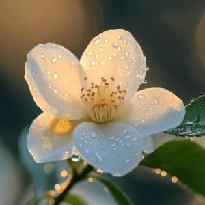 A close-up of a white flower covered in dew drops, illuminated by soft sunlight, symbolising the beauty and measurable outcomes of social impact in Neuroโs living system.