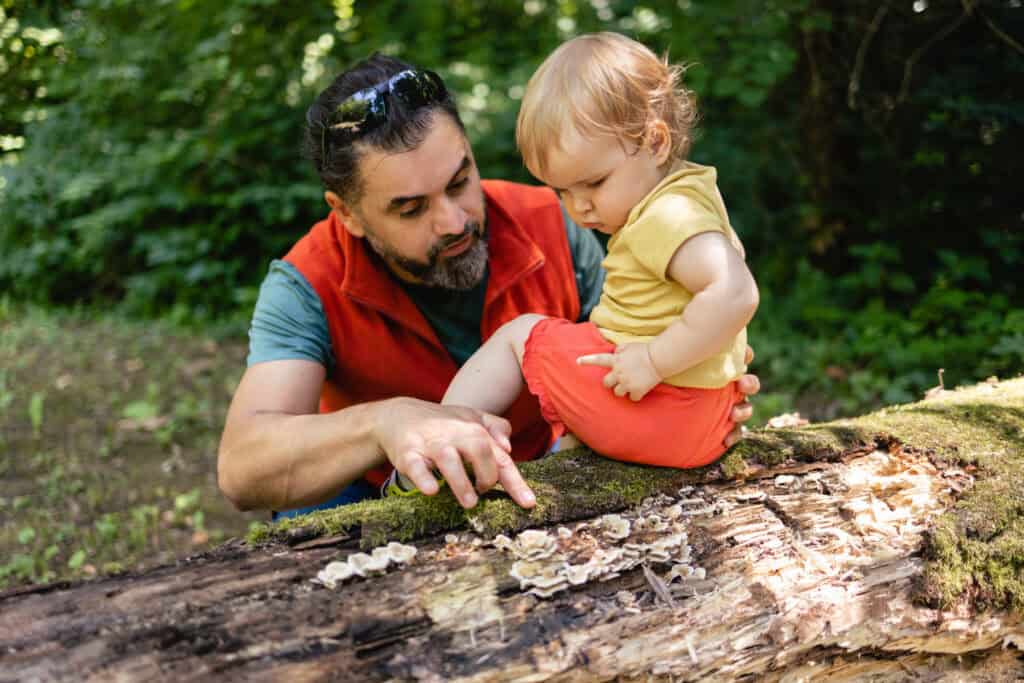 A father in a red vest shows his toddler fungi on a mossy log in a green forest.