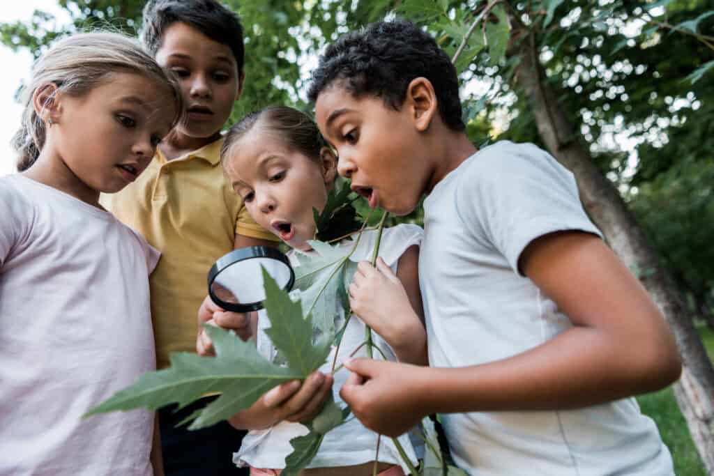 A diverse group of four children excitedly looks at a large green leaf through a magnifying glass in a lush outdoor setting.