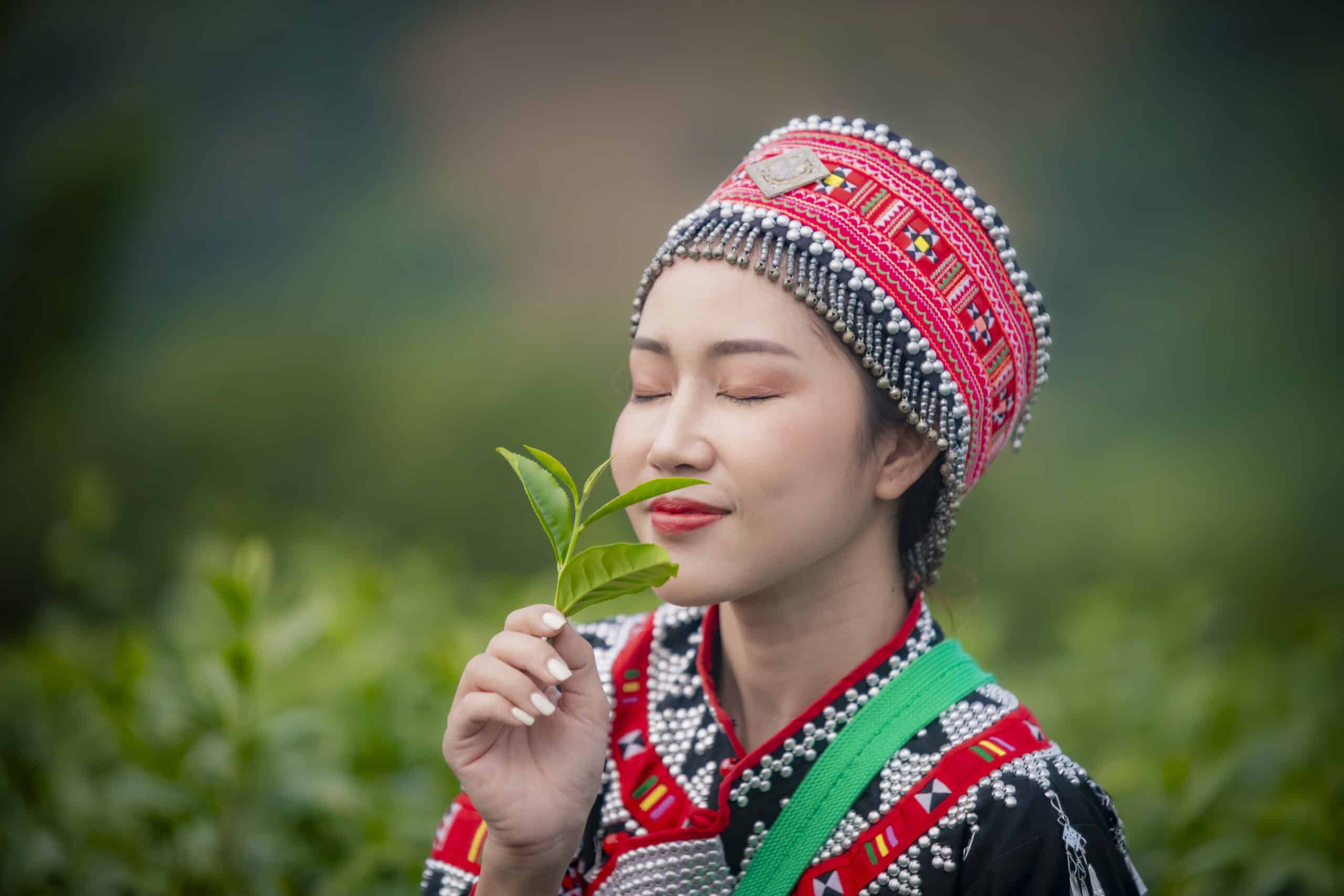 A woman in colorful traditional attire peacefully smelling a fresh tea leaf in the middle of a lush green tea plantation.