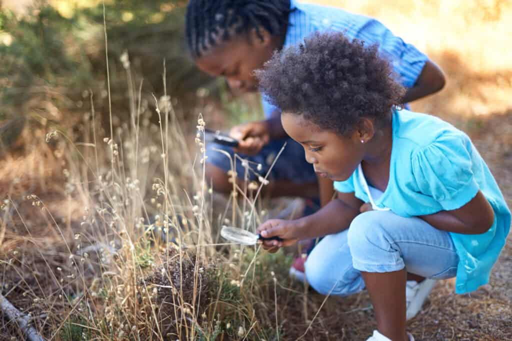 Two young children crouch outdoors, curiously examining tall grass and plants with magnifying glasses under warm sunlight.