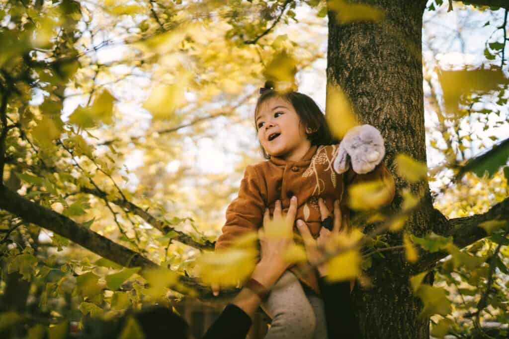 A small child in a brown coat is lifted playfully into the branches of a tree, surrounded by warm autumn foliage.