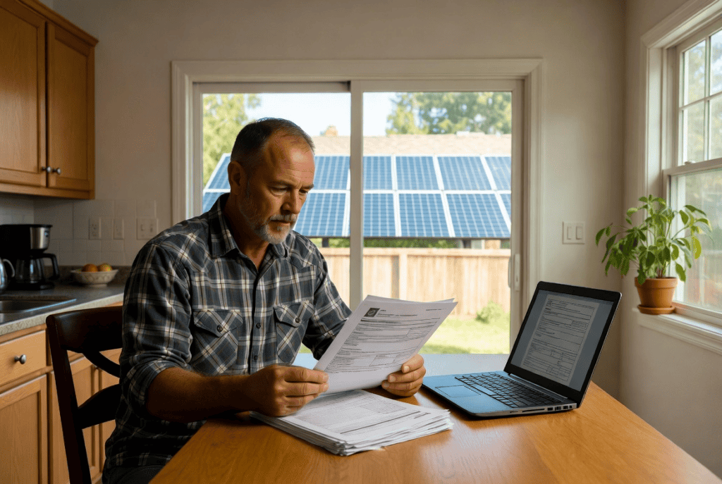 Nevada homeowner checking the Nevada State Contractors Board (NSCB) registry on laptop with solar panels in background.

