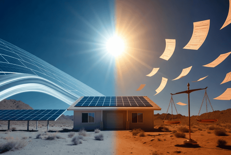A symbolic split image representing a secured home equity loan vs unsecured solar loan options with Nevada home and solar panels.