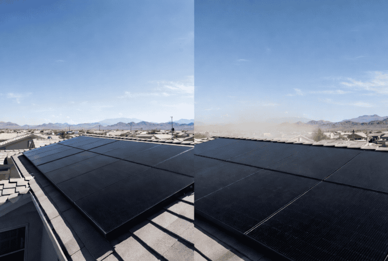 Side-by-side QCells and REC solar panels installed on a North Las Vegas rooftop under intense desert sun with heat haze