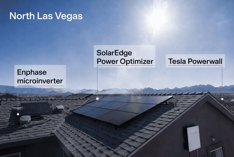 Side-by-side comparison of Enphase microinverters, SolarEdge optimizers, and Tesla inverter installed on a sunny Las Vegas rooftop with solar panels