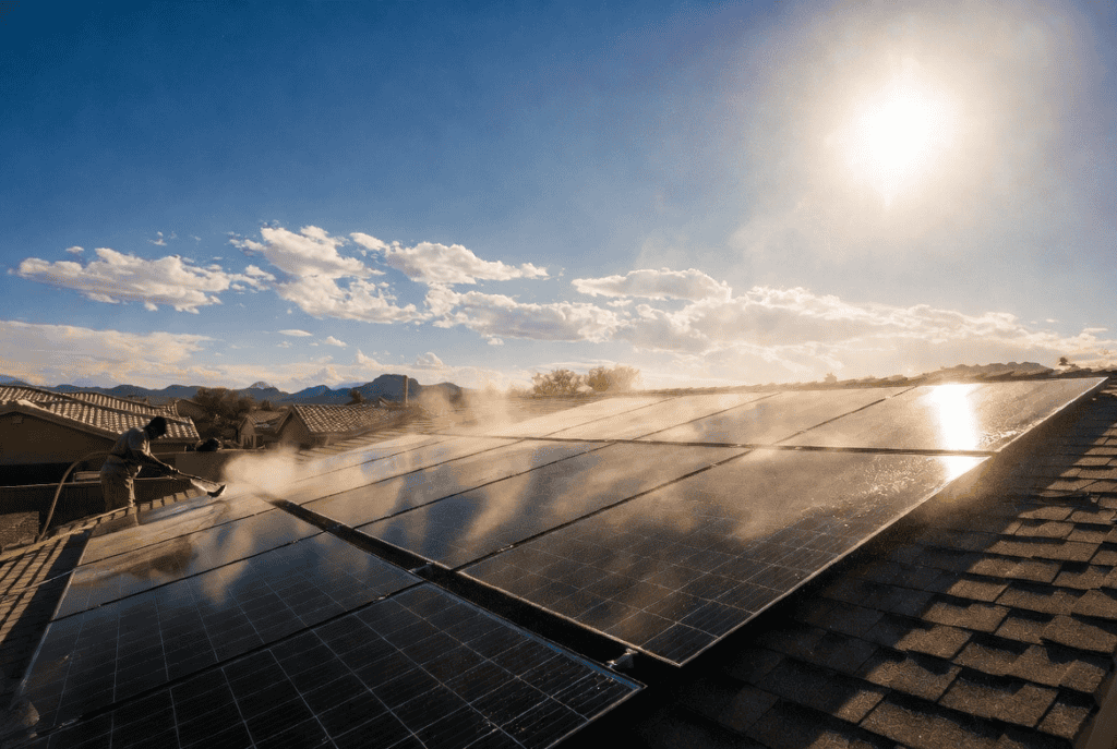 A Las Vegas homeowner performing solar maintenance in extreme Nevada heat & dust.