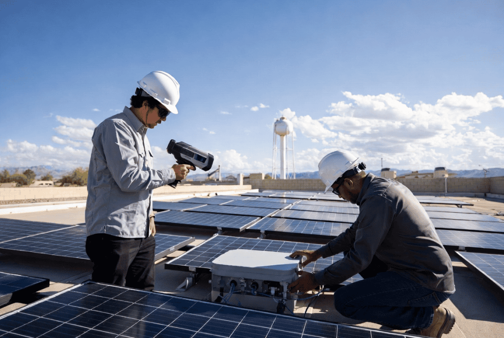 Two solar technicians performing maintenance on a solar system on a home in Alliante, NV. 