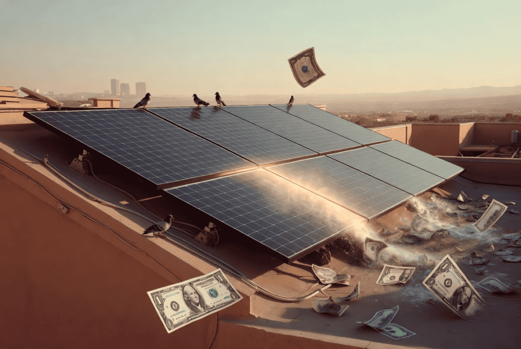 An illustration of pigeons costing you money because they are nesting on and under solar panels.
