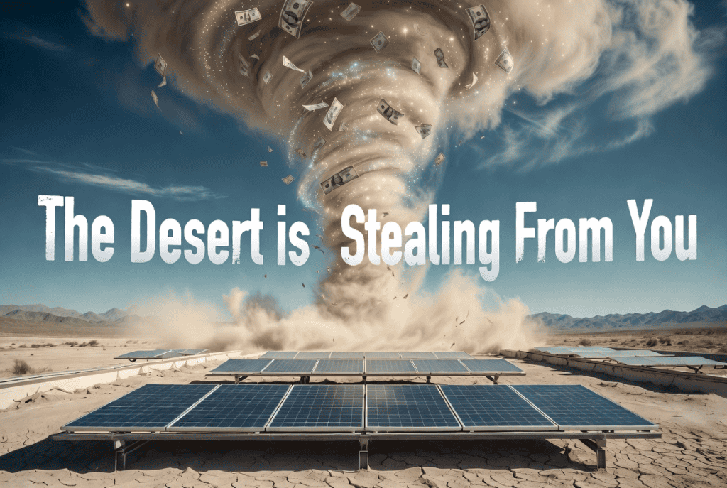 A tornado of caliche dust over solar panels in the mojave desert.