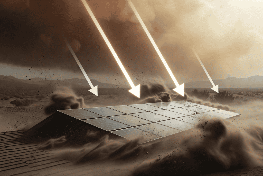 A haboob storm blowing over solar panels in the Las Vegas desert to illustrate why the mojave desert climate makes the dust problem so much worse compared to other areas.