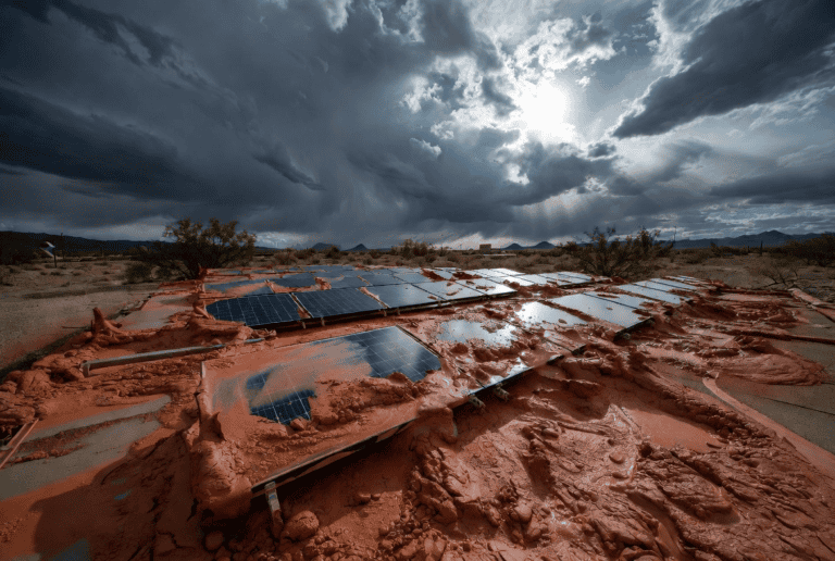 An exaggerated image of dirty solar panels after a monsoon. Hightlights why monsoon rains won't clean your solar panels.
