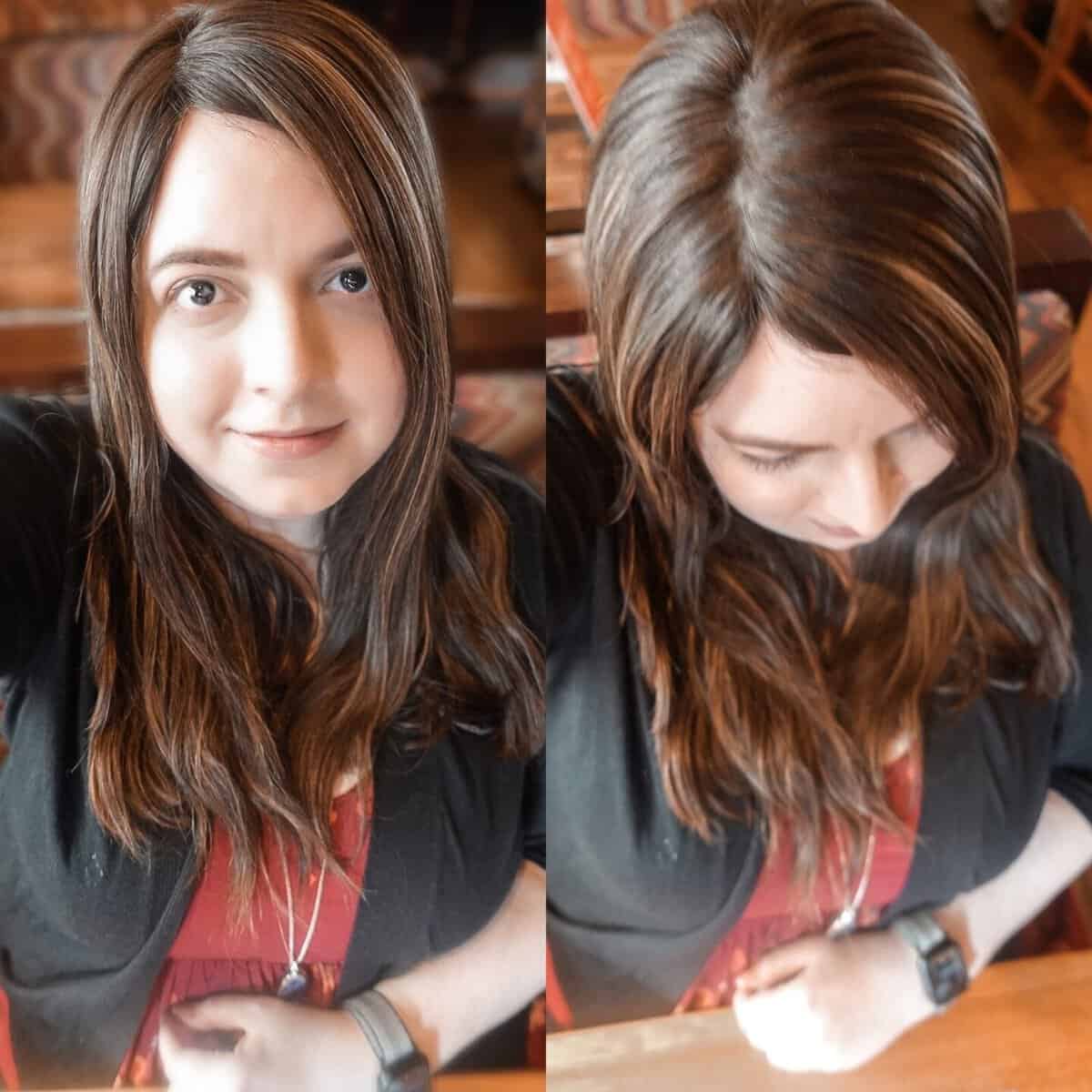 Side by side image wearing brunette Lusta hair topper to cover hair loss