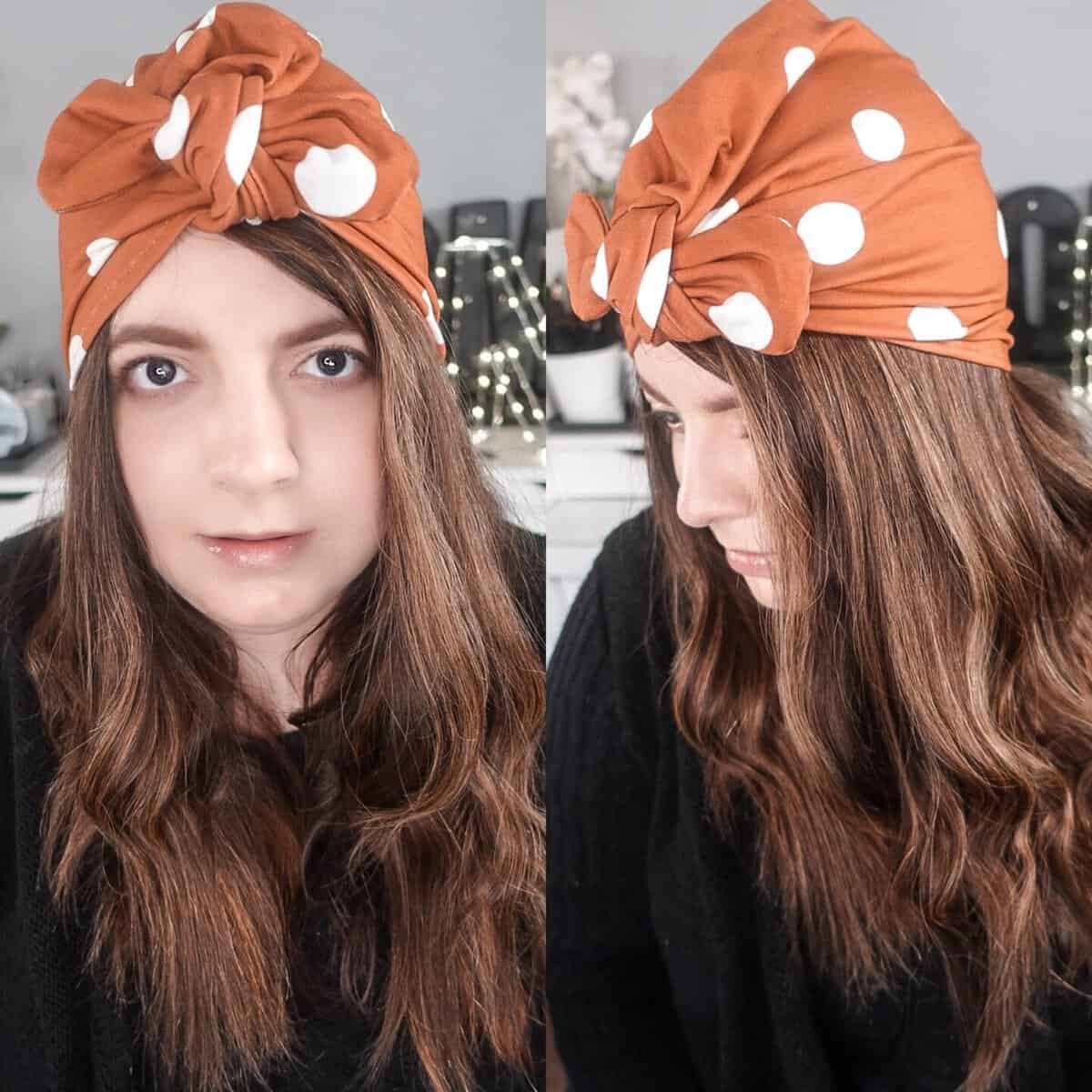 Side by side image of me wearing a terracota with white polka dots coloured turban from eadiechops on my head.