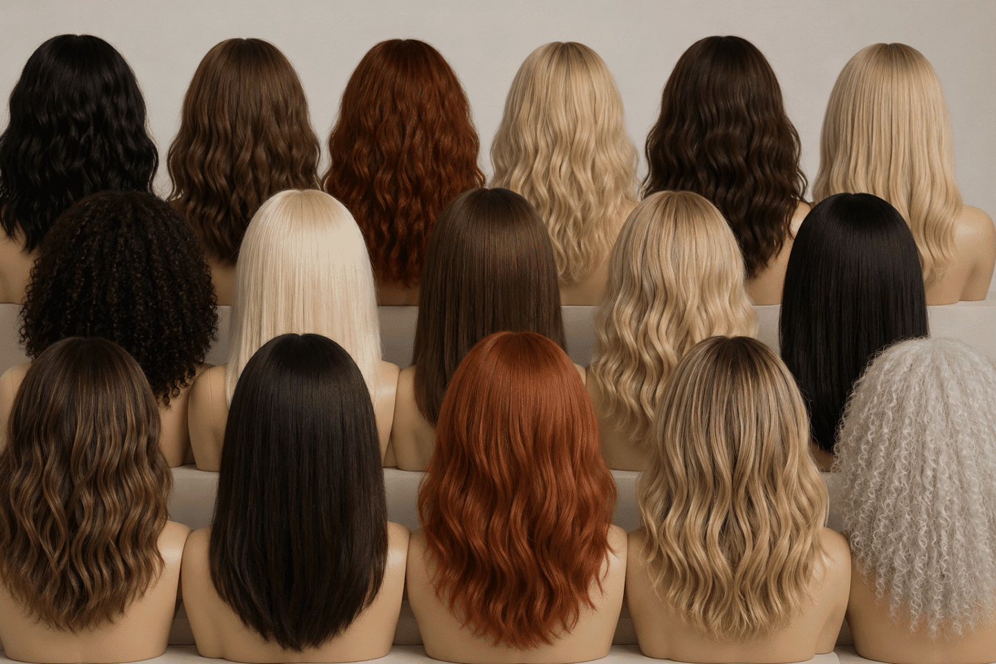 Multiple wigs displayed on mannequins from behind, showing a range of natural hair colours including black, dark brown, auburn, warm brunette, platinum blonde, golden blonde and silver grey - illustrating the variety of shades available when colour matching a hair topper or wig