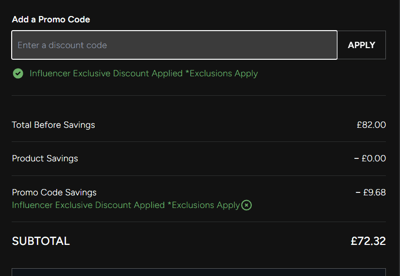 Screenshot showing LFTFNEVEEN discount code applied at LOOKFANTASTIC checkout, confirming the 20% discount has been accepted before payment