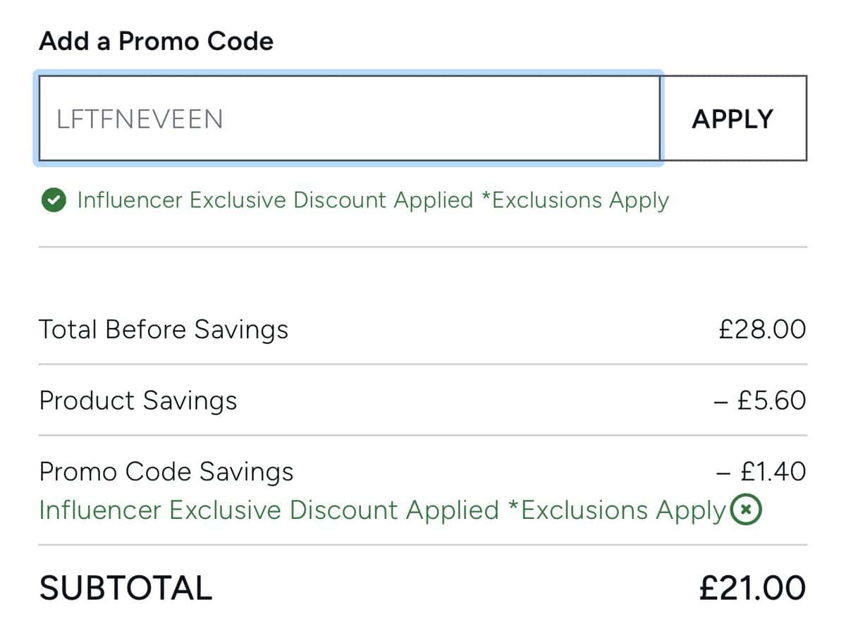 Screenshot showing LFTFNEVEEN discount code applied at LOOKFANTASTIC checkout, confirming the discount was accepted before payment