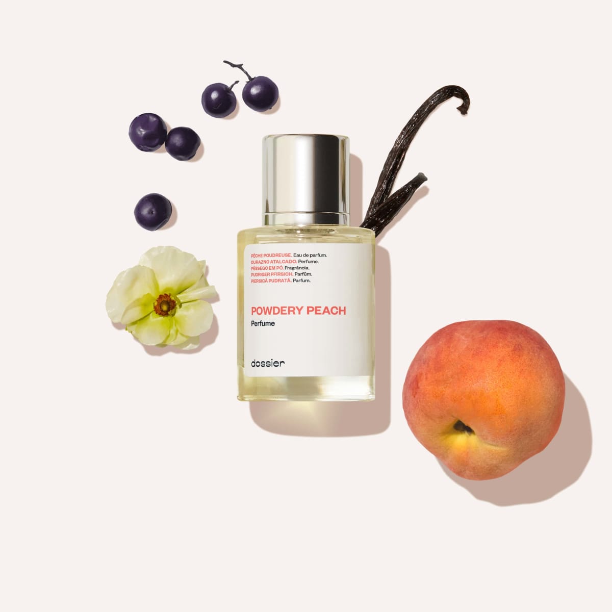 Dossier Powdery Peach eau de parfum bottle and box, inspired by Jimmy Choo's I Want Choo