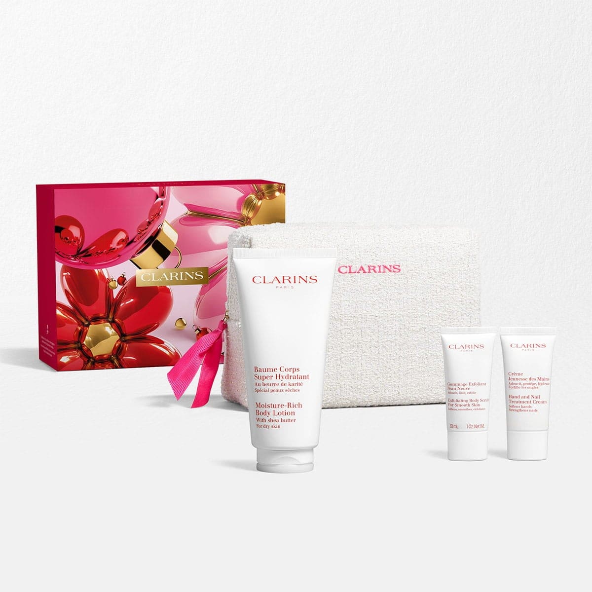 Clarins Body Care Essentials gift set, £40, with Moisture-Rich Body Lotion, Exfoliating Body Scrub and Hand and Nail Treatment Cream