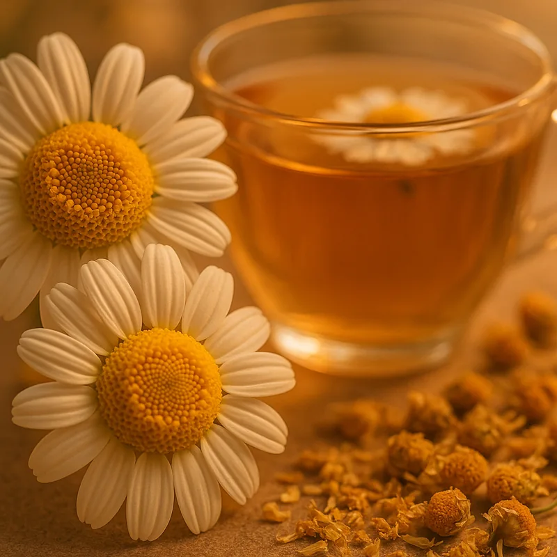 Apigenin molecular structure and its sources including chamomile flowers, parsley, and celery with supplement capsule