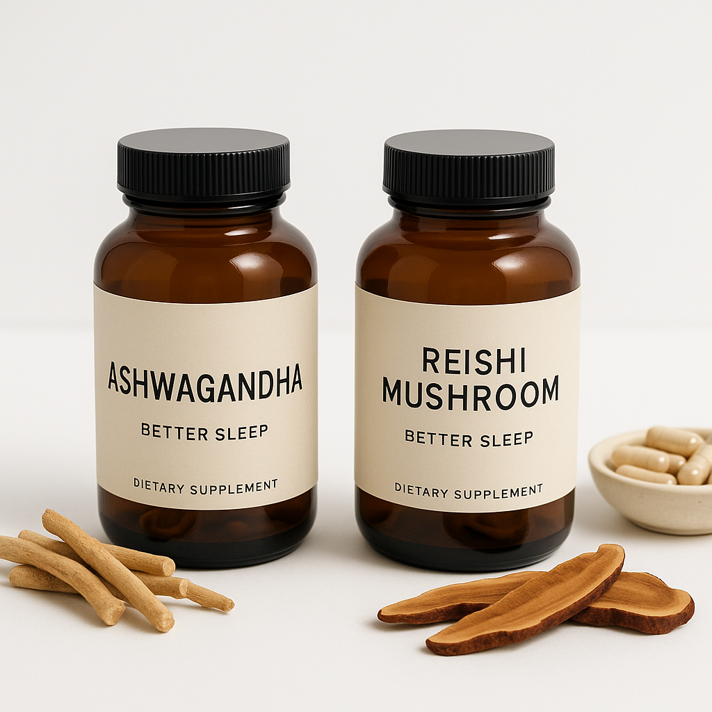 Adaptogen supplements ashwagandha and reishi mushroom for better sleep