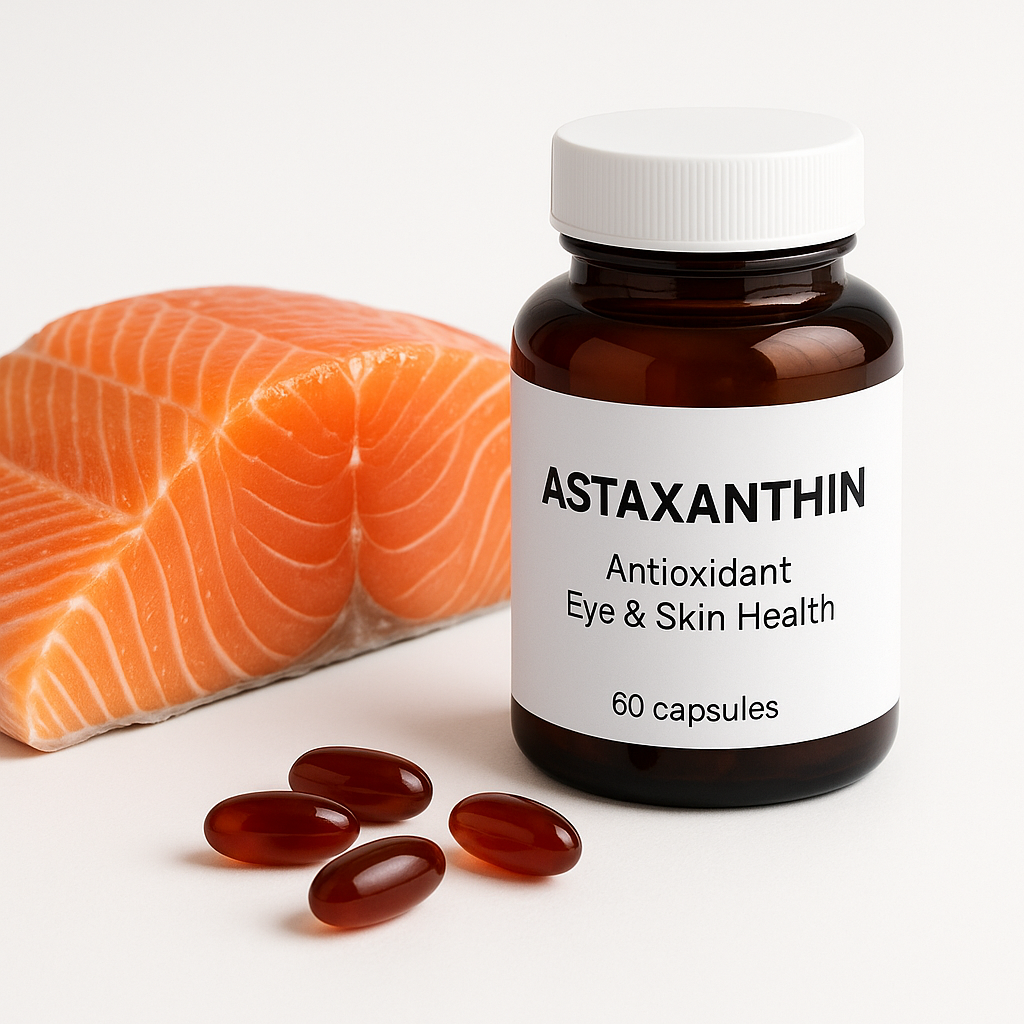 Astaxanthin supplement capsules with salmon for antioxidant eye and skin health