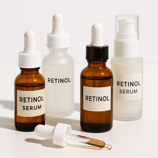 Retinol skincare products including serums and dropper bottles