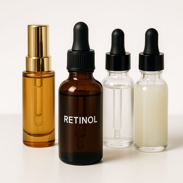 Retinol dropper bottle and premium skincare serums on dark background