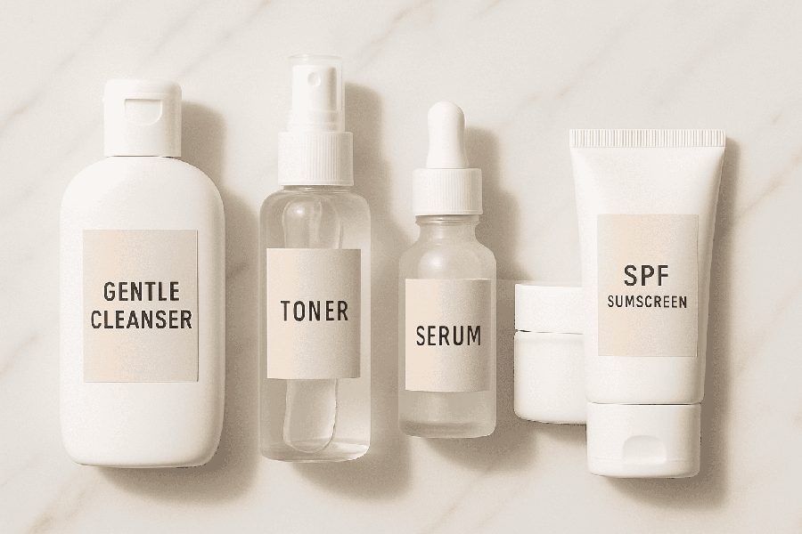 Skincare products arranged in layering order from thinnest serum to thickest sunscreen
