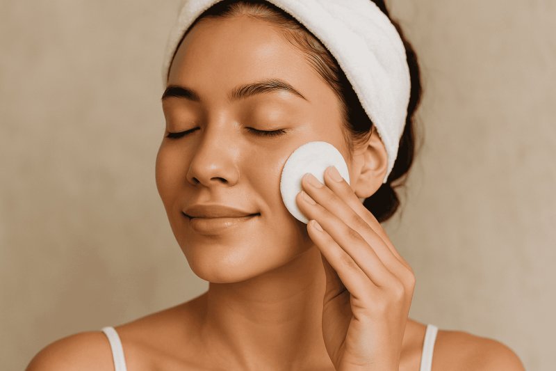 Woman with a white headband removing makeup with a cotton pad.