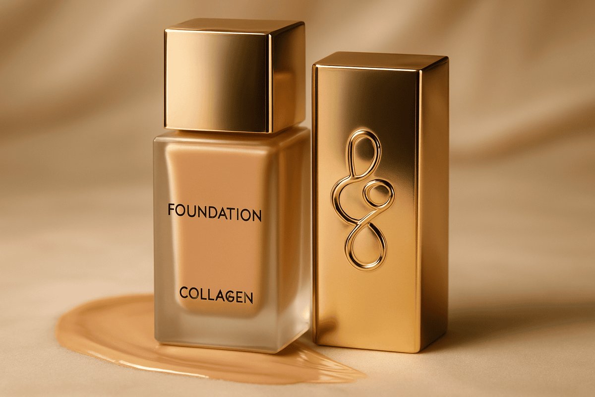 Luxury foundation bottle with collagen skincare beside it, showing non-comedogenic makeup options