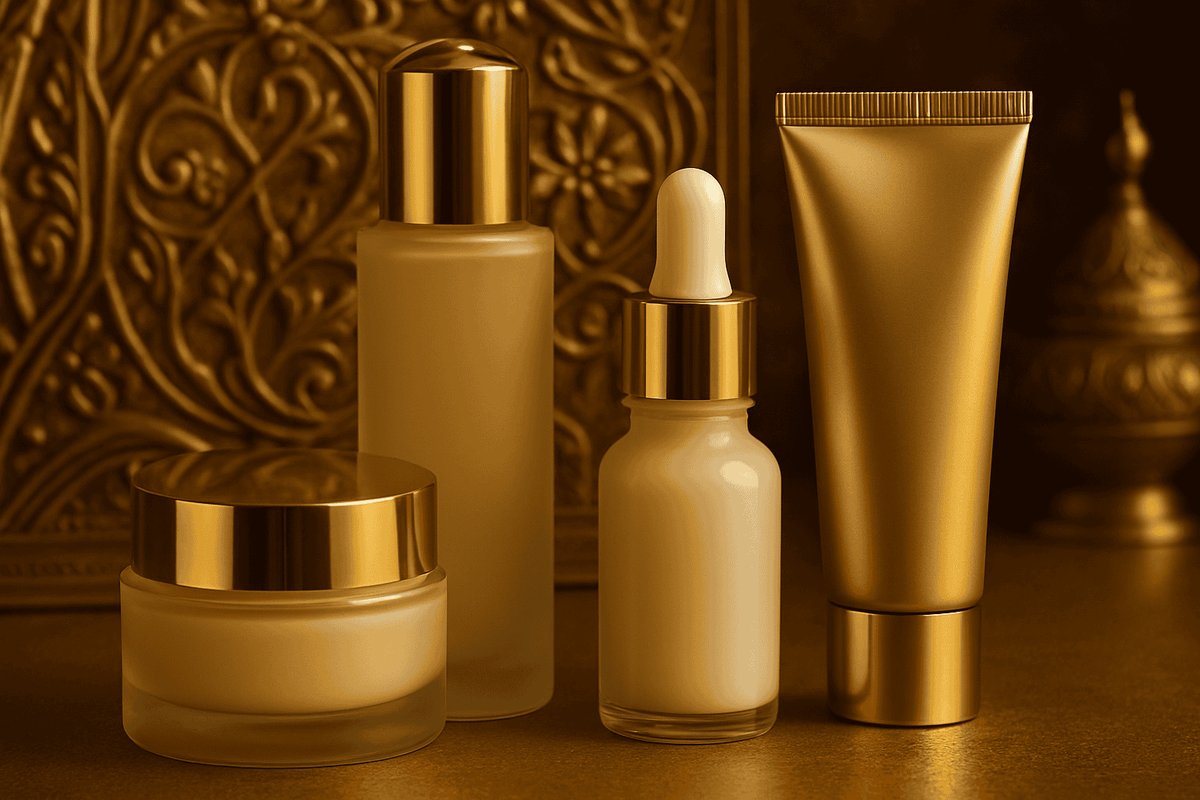 Gold-toned skincare bottles, jar, and tube displayed on an ornate golden backdrop.