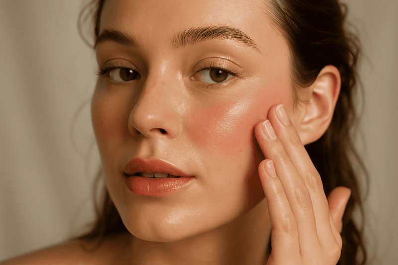 Woman applying cream blush for a dewy, flushed skin effect