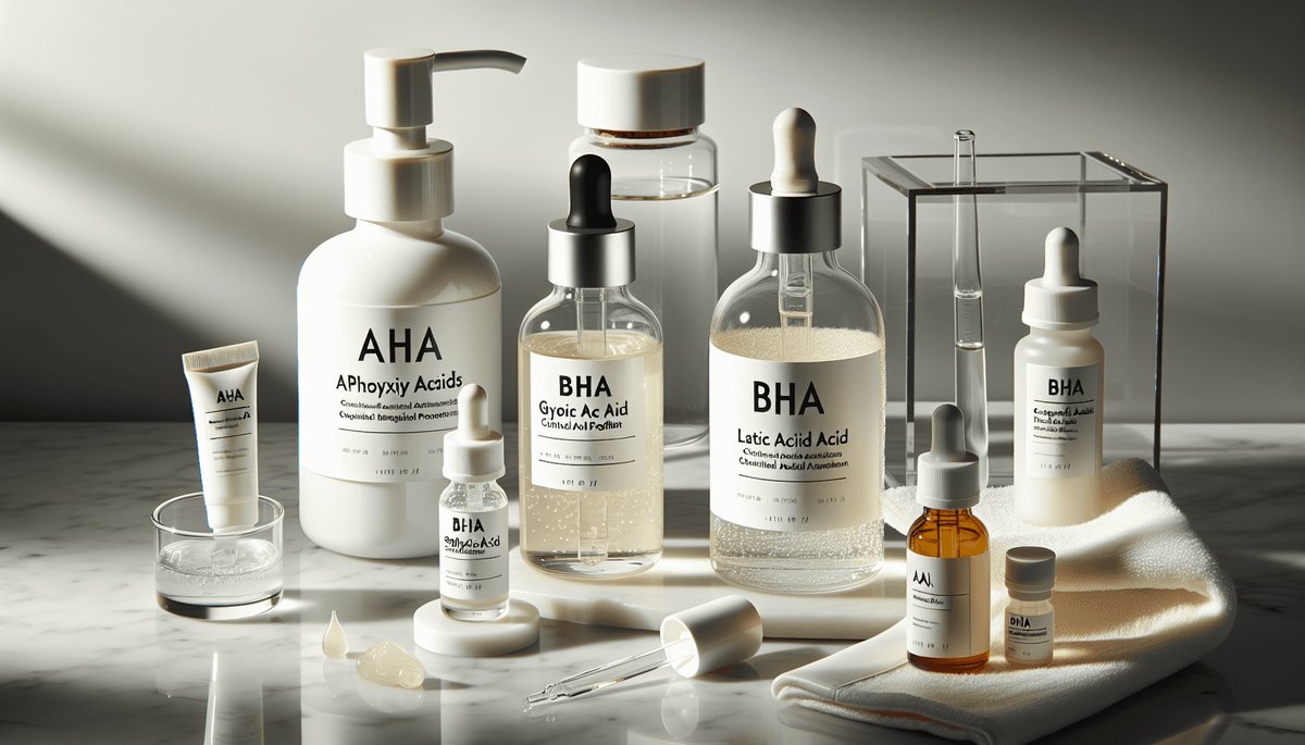 AHA and BHA chemical exfoliant products including glycolic acid, lactic acid and salicylic acid skincare