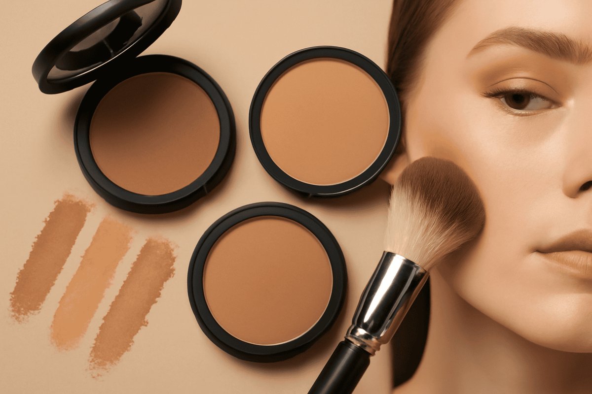 Cream blush and bronzer swatched on skin, showing buildable powder texture for acne-prone skin