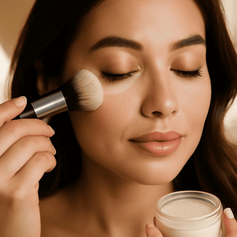 Translucent setting powder being applied under the eyes to set concealer and prevent creasing