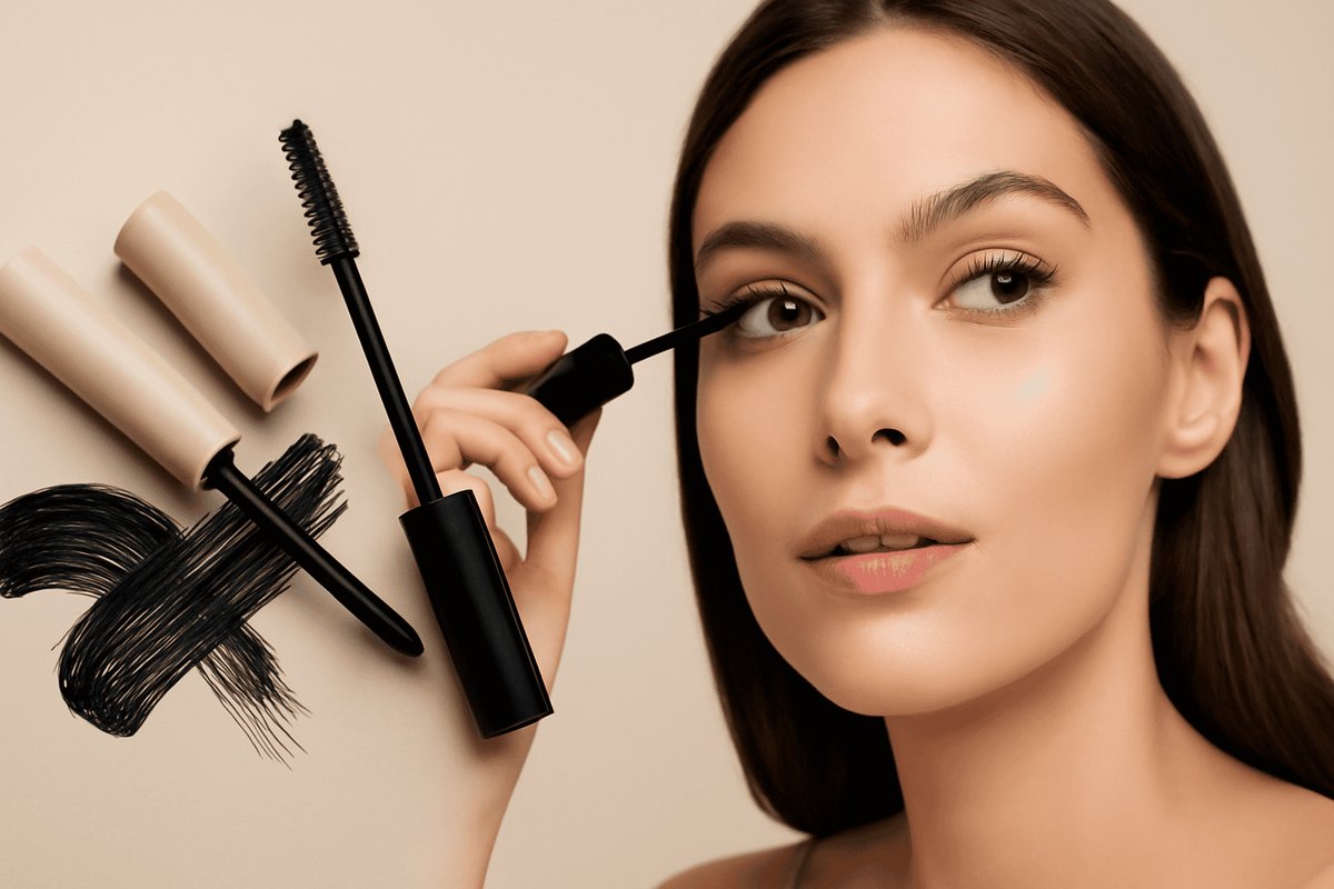 Close-up of dramatically lengthened lashes after mascara application with mascara wand