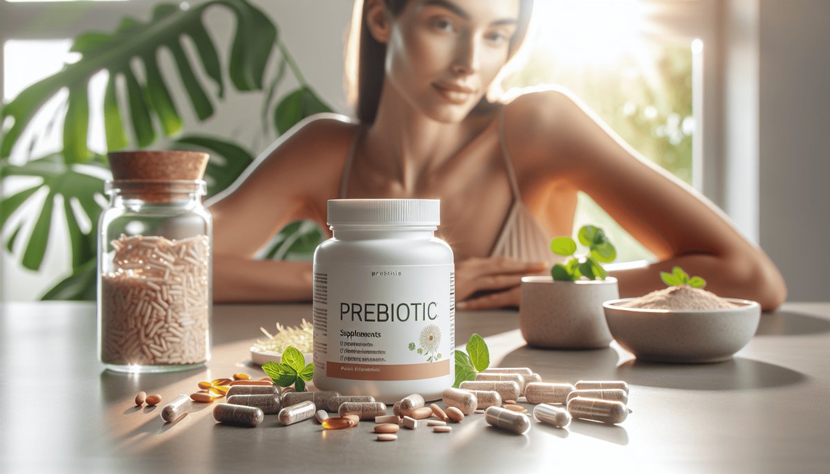 Prebiotic-rich foods including chicory root garlic bananas and oats with supplement capsules for gut health