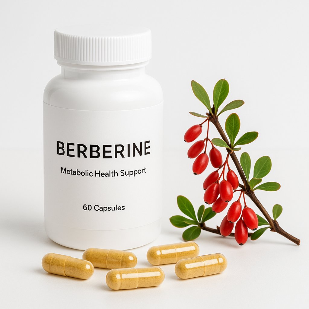 Berberine supplement capsules and barberry plant for metabolic health support