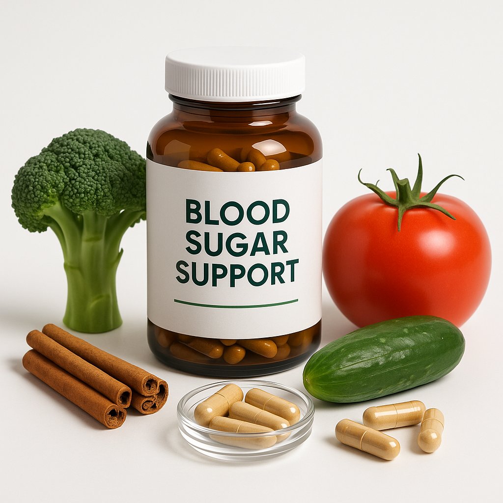 Blood sugar support supplements including cinnamon, berberine capsules and fresh vegetables