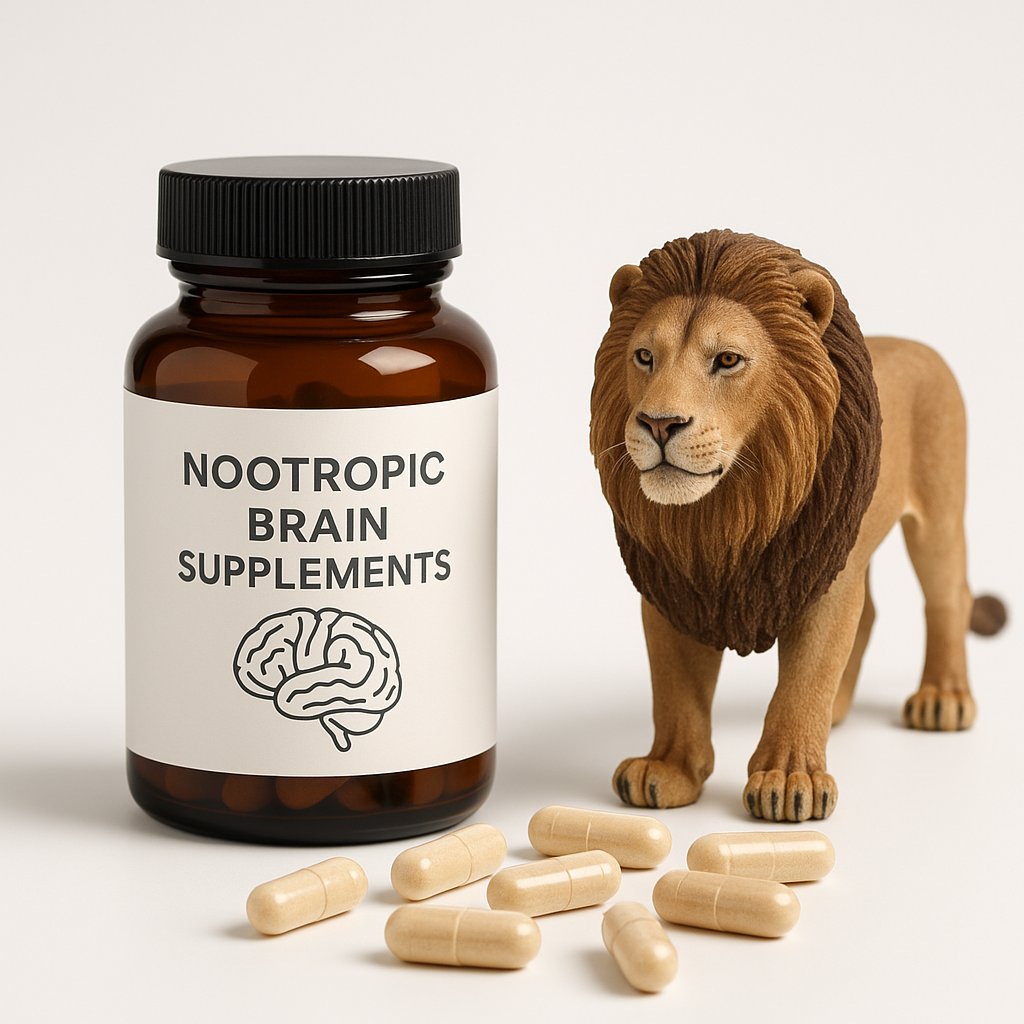 Nootropic brain supplements including lion's mane mushroom and capsules on a wooden desk