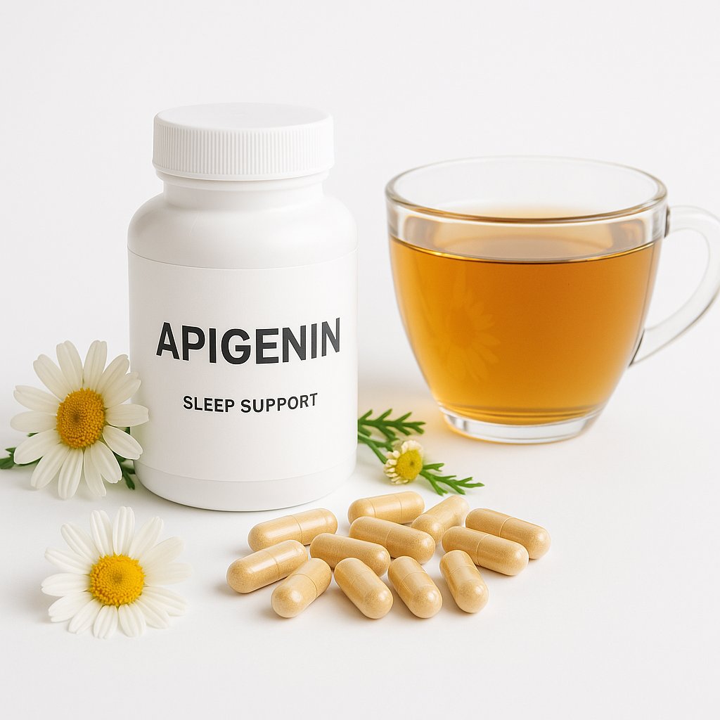 Apigenin supplement capsules with chamomile flowers and tea for sleep support