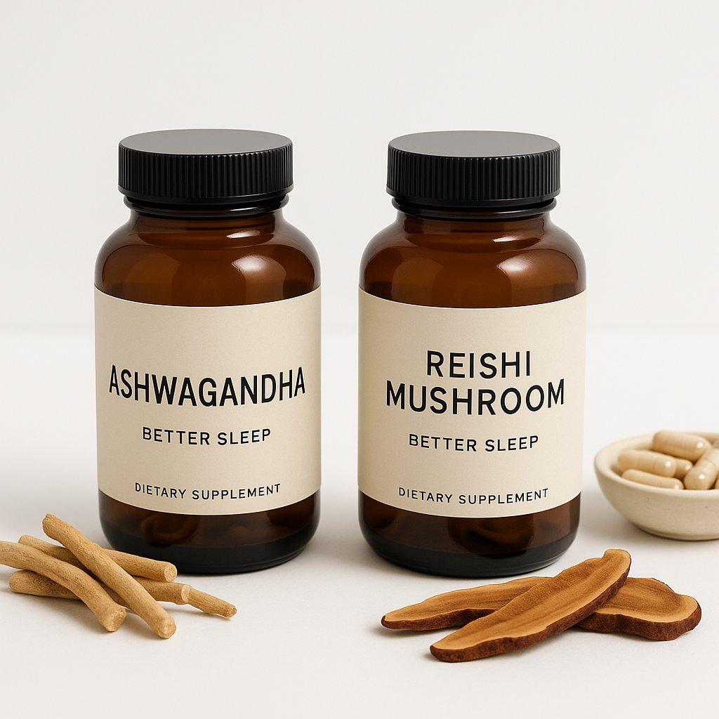 Adaptogen supplements ashwagandha and reishi mushroom for better sleep